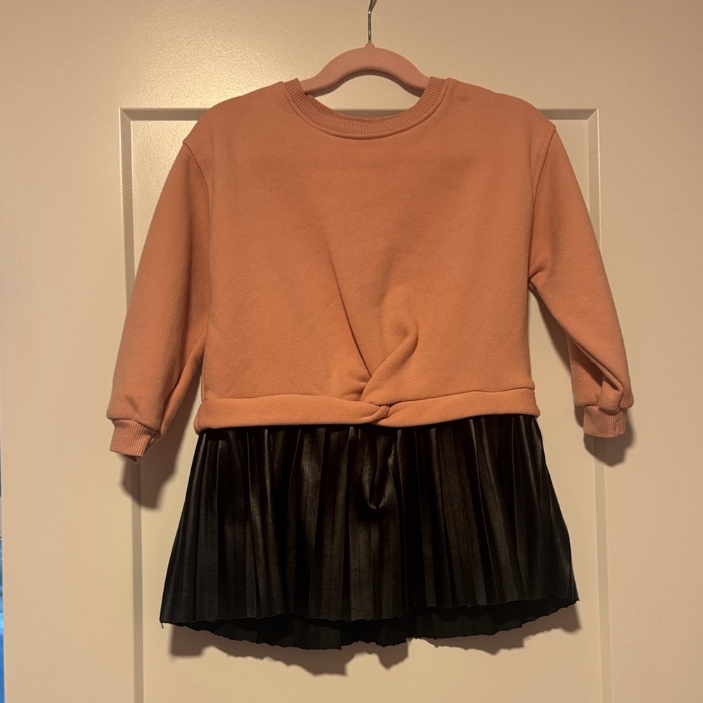 Zara Pink and Black Faux Leather Knotted Sweatshirt Dress